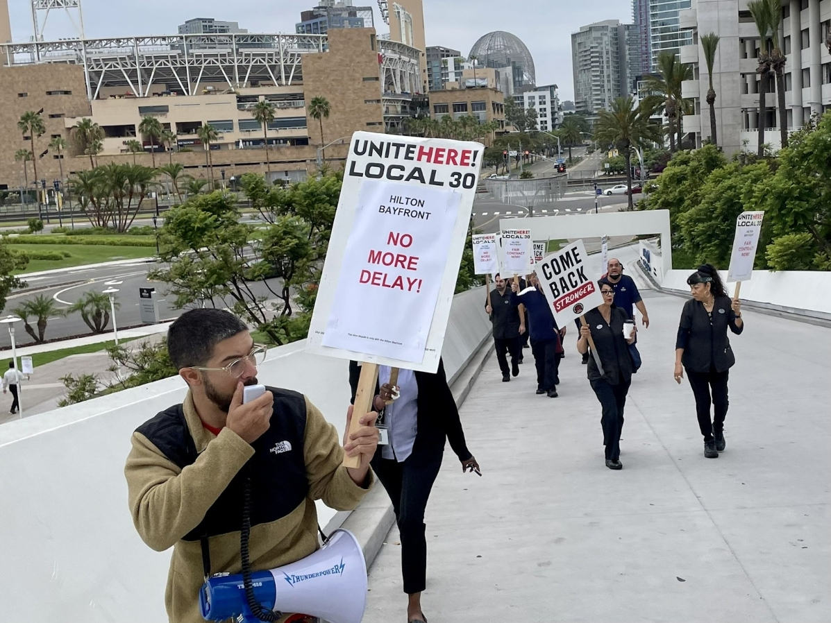 Hundreds of hotel workers went on strike Wednesday outside Hilton Bayfront San Diego.