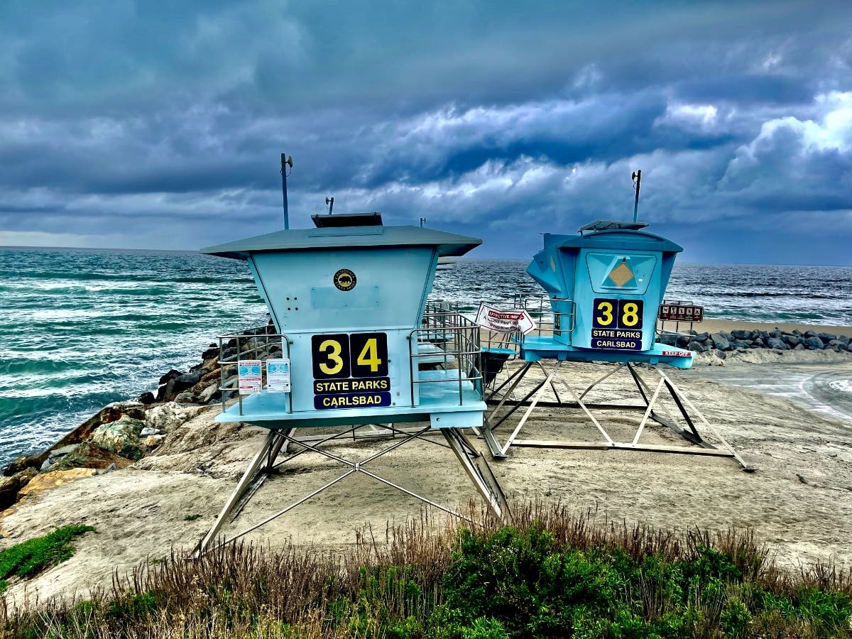 The lifeguard towers at Carlsbad State Beach.
