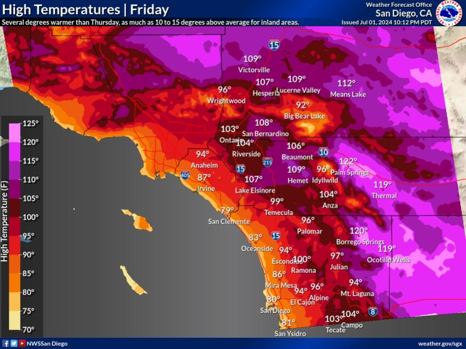 An excessive heat warning is in effect from 11 a.m. Friday to 9 p.m. Saturday for the mountains and valleys, and until 9 p.m. Tuesday, July 9, for the deserts. 