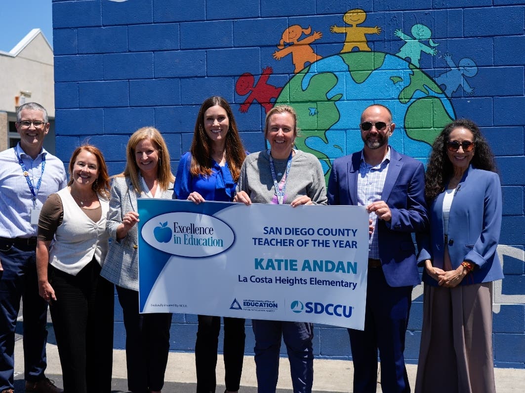 Katie Andan was surprised at La Costa Heights Elementary after being named Teacher of the Year.