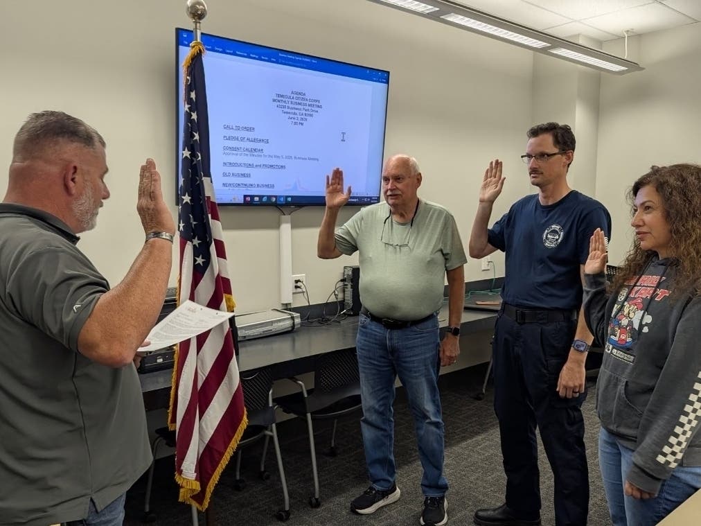 Three Disaster Service Workers were sworn in to the Temecula Citizens' Corps, graduating from the adult CERT class in April. They completed all the requirements for disaster service: Bob Hagel, Carl Bratschko and Veronica Dining.