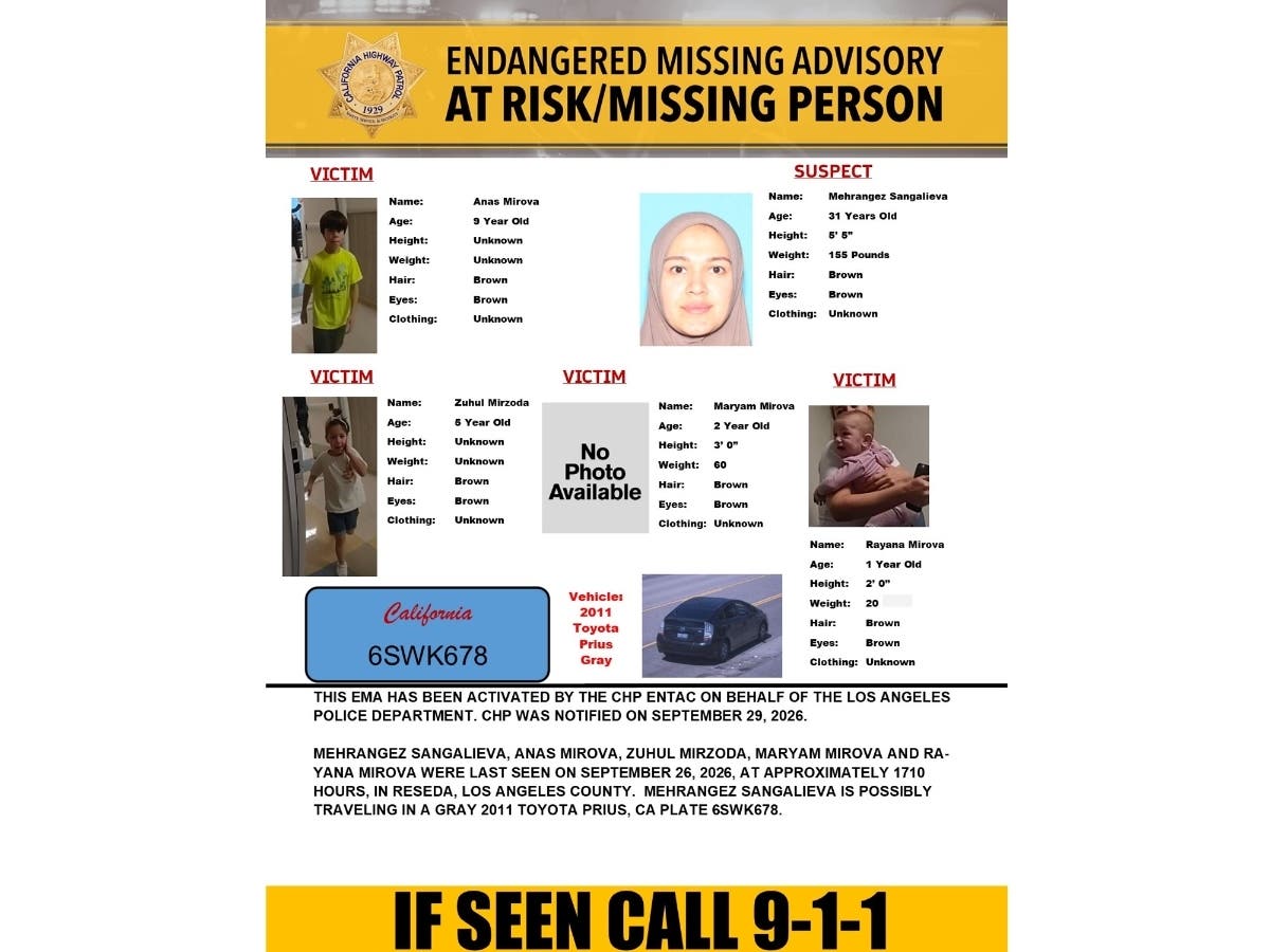 The CHP activated the advisory Tuesday on behalf of the Los Angeles Police Department. The alert covers Los Angeles, Orange, Riverside, San Bernardino and San Diego counties.