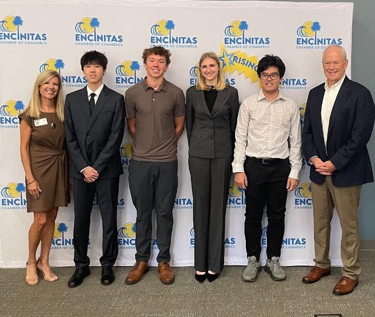 L-R: Encinitas Chamber of Commerce CEO Carol Knight, Ethan Leem, Tyler Blackledge, Sarah Charles, Timothy Chang, and Encinitas Mayor Bruce Ehlers.