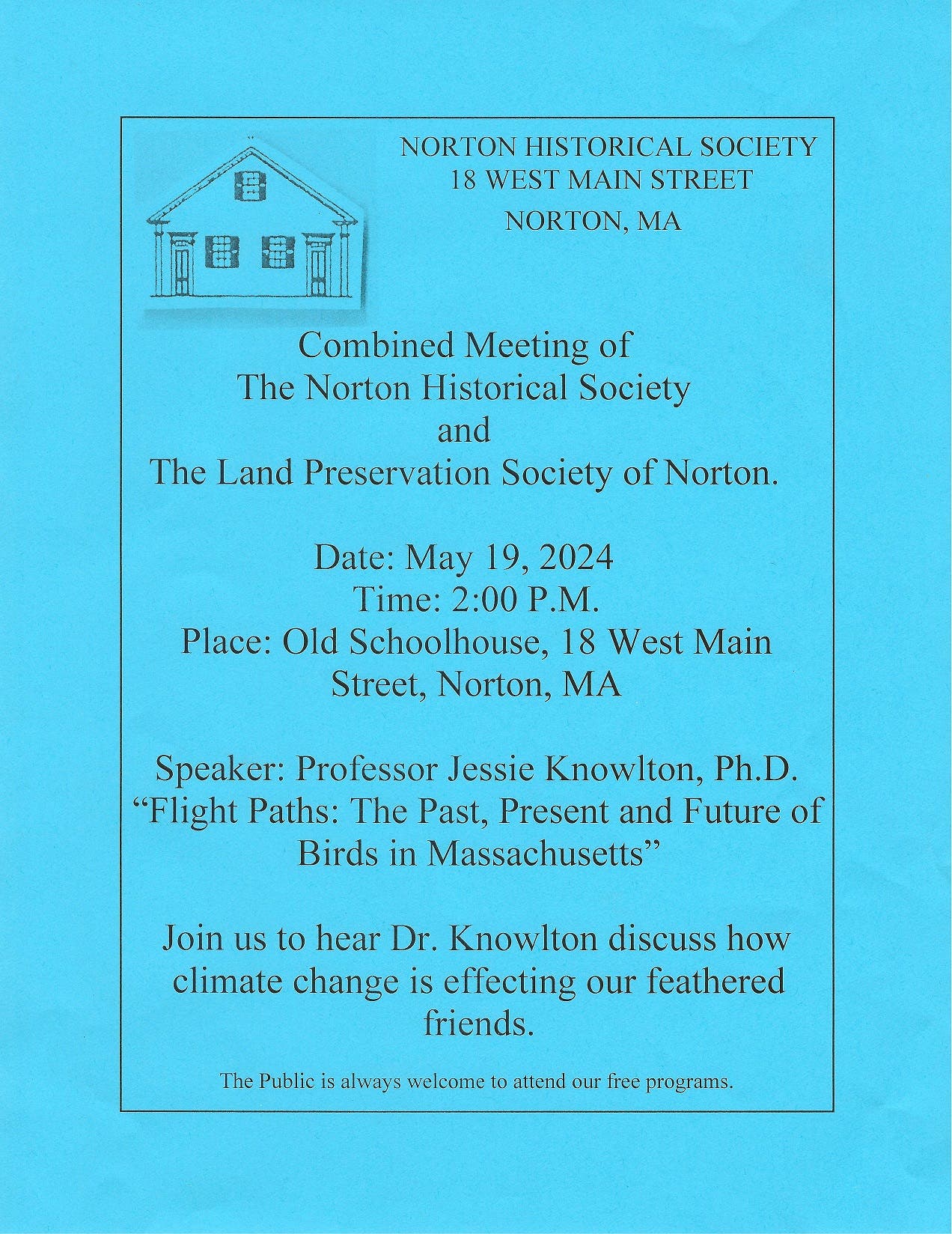 May 19 Combined Meeting of the Norton Historical Society and the Land