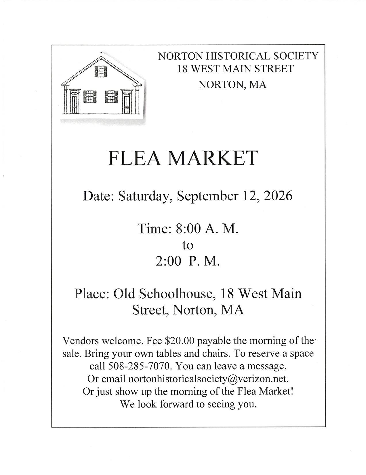 Flea Market at the Norton Historical Society on September 12th