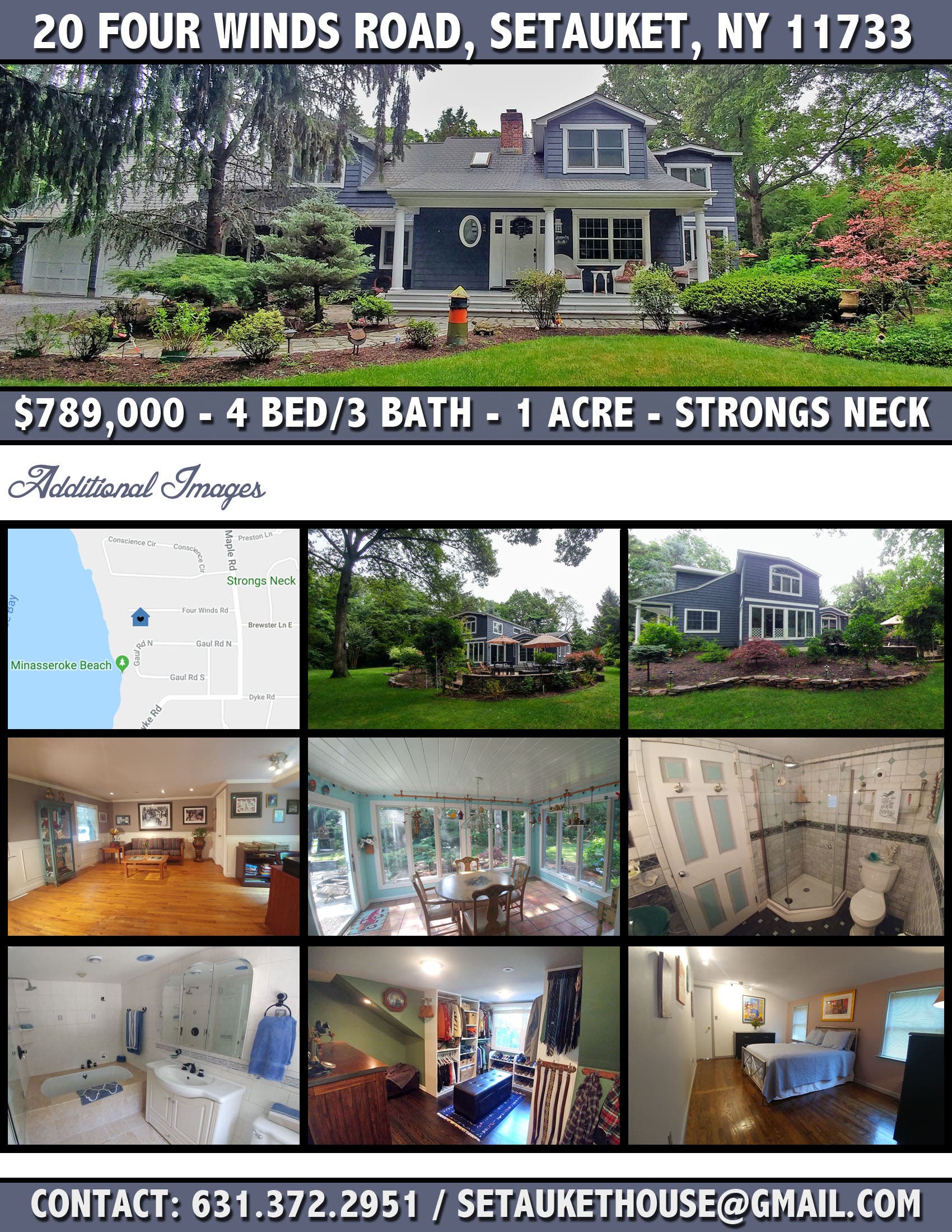 Desirable Strongs Neck, Setauket 4 Bed/3 Bath on 1 Acre 789,000