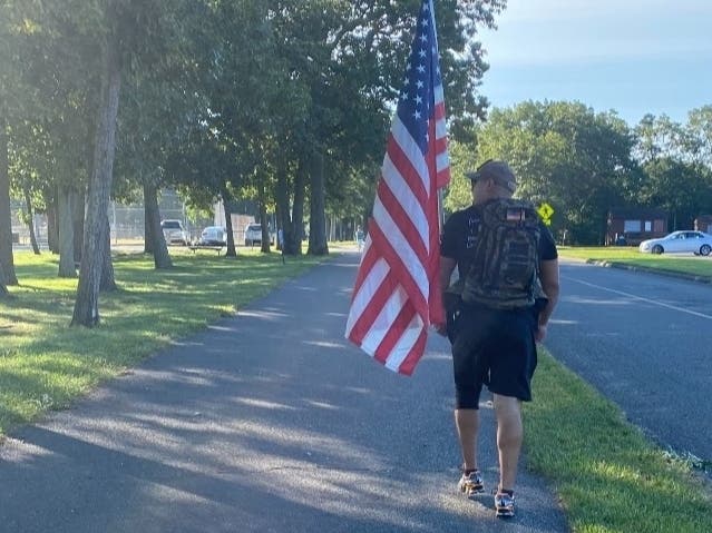Tomaso Morgano of Lanoka Harbor walked 20 miles around Gille Park on Saturday to honor the victims of 9/11 20 years after the attacks.