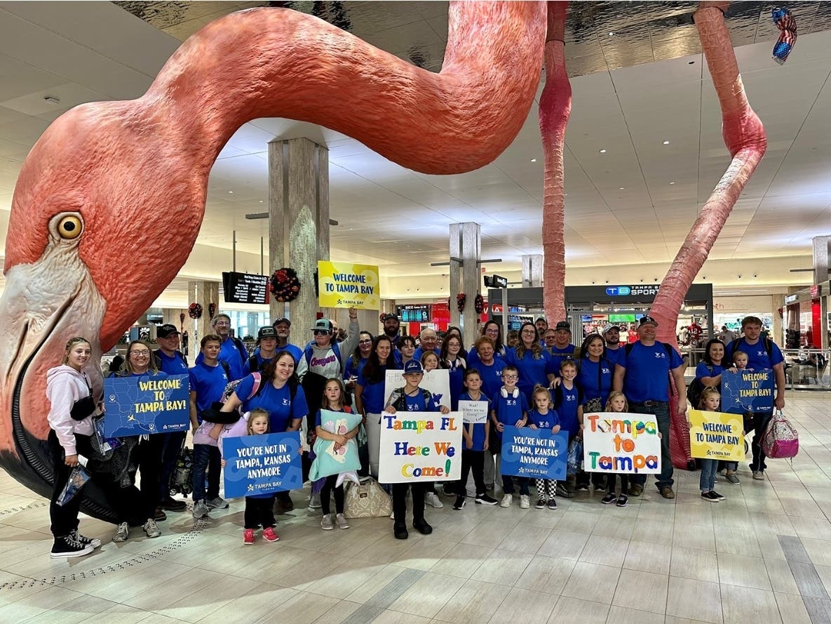 Tampa Bay welcomed nearly every resident of Tampa, Kansas, when they arrived at the Tampa International Airport on Monday. 