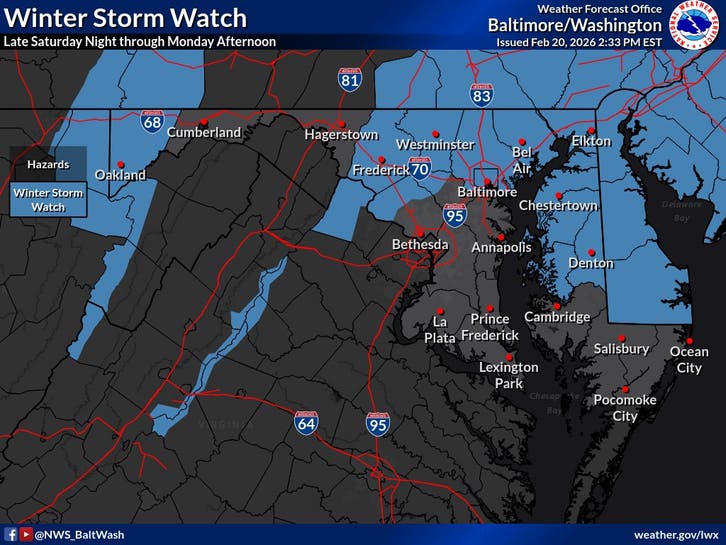 Snowfall Totals Increase For Parts Of MD, Winter Storm Watch Issued ...