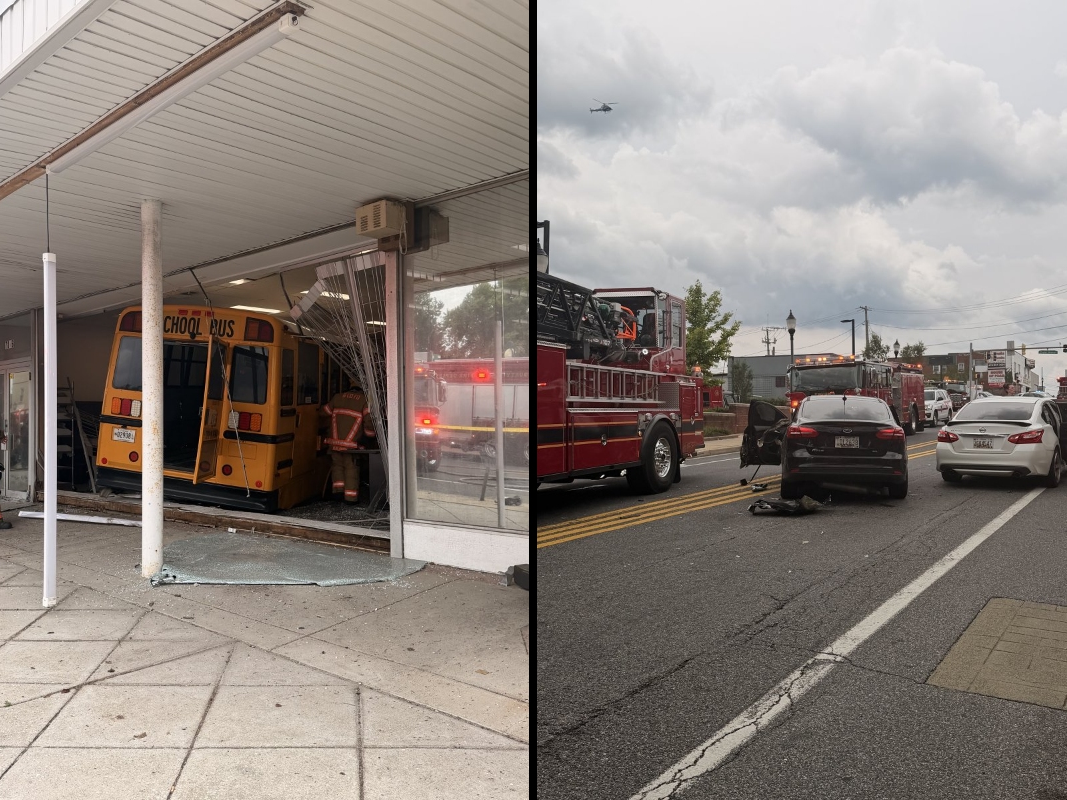 A school bus crashed into a building in Baltimore County on Tuesday, prompting road closures and a police investigation.