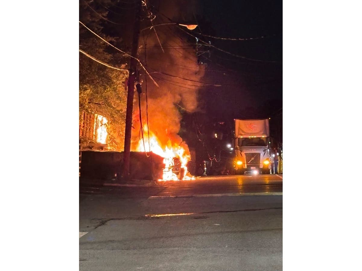A tractor-trailer making a delivery to an Alexandria grocery store struck electrical lines on Tuesday, sparking a fire.