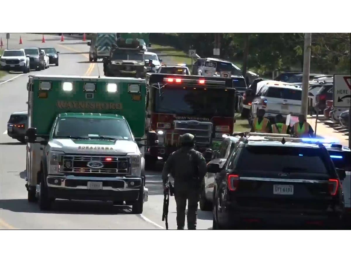 In this image from a video provided by WHSV-TV, police respond to an emergency at an elementary school in Waynesboro, Va., on Wednesday, Sept. 2, 2026.
