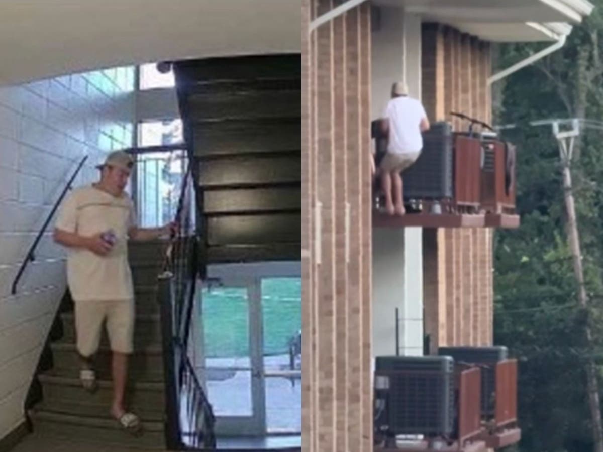 Fairfax County police are searching for a man accused of scaling an apartment building to reach a third-floor balcony before entering the home and pulling a gun on the resident.