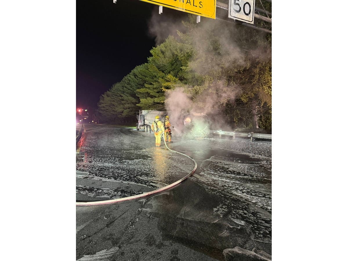 A tanker carrying about 8,000 gallons of gasoline caught fire on I-795 near Reisterstown, forcing an extended road closure for cleanup.