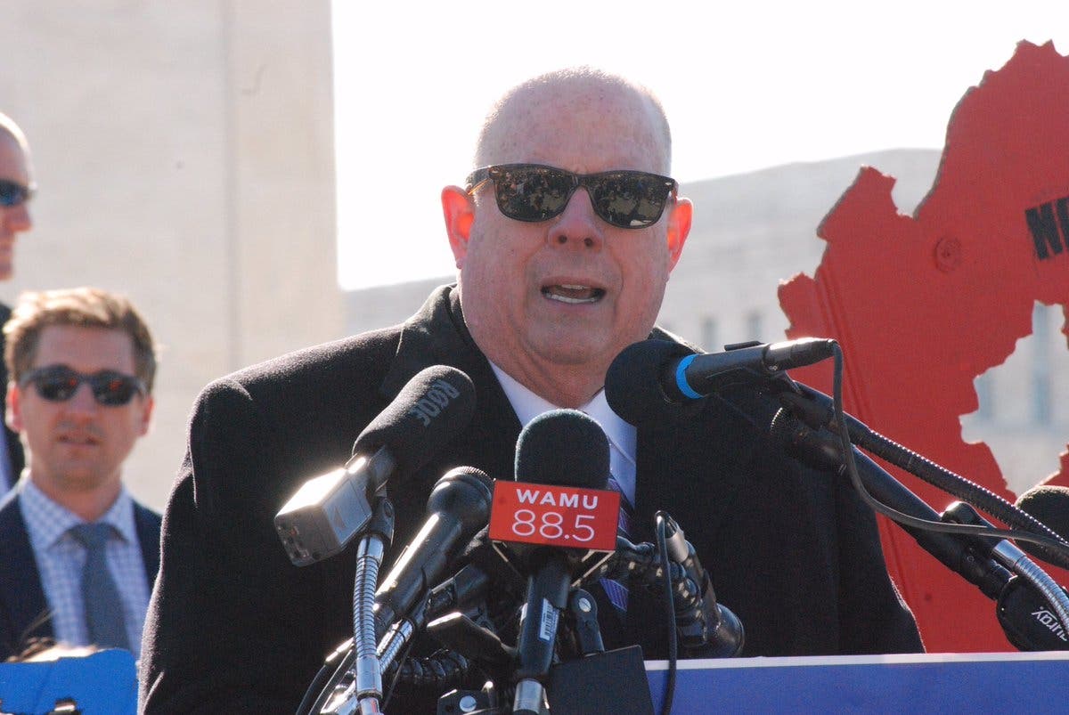 Gov. Larry Hogan speaks at a press conference in Washington following oral arguments on a gerrymandering case.