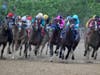 War of Will, far right, ridden by jockey Tyler Gaffalione, rounds the fourth turn to win the Preakness Stakes.