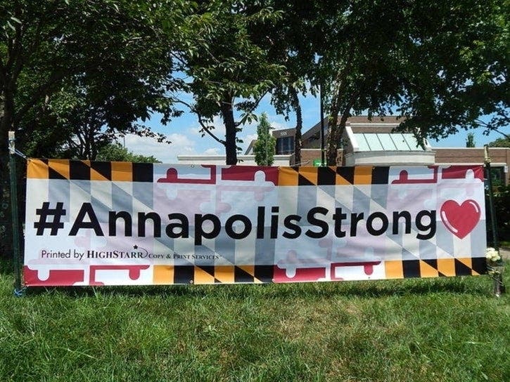 A memorial was set up outside the Capital Gazette newsroom building in June 2018.