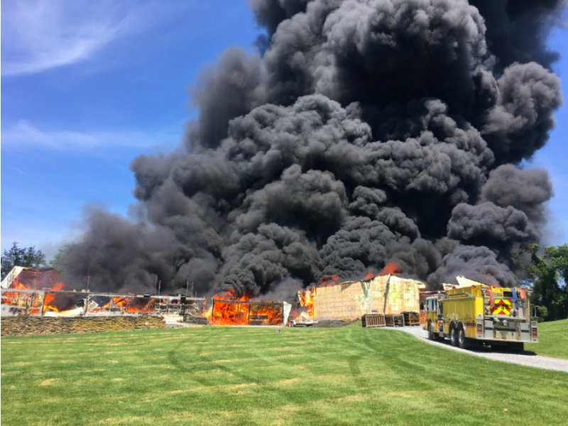 A barn and greenhouse went up in smoke on Route 97 in western Howard County on Monday, July 15.