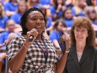 North Harford Middle School Science Chair Erin Wyatt was surprised with the Milken Educator Award during an assembly Wednesday, Oct. 2.