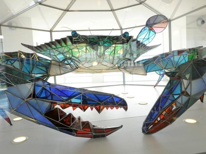 The stained-glass sculpture is owned by Anne Arundel County.