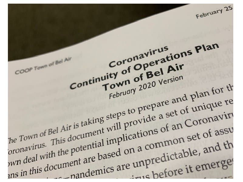 Town Administrator Jesse Bane distributed a draft plan Tuesday, Feb. 25, for the town of Bel Air in the event of a pandemic.