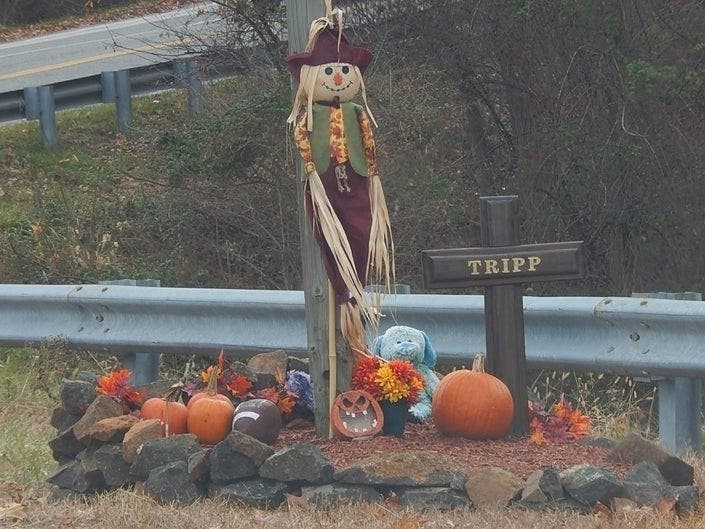 A roadside tribute honors the memory of Tripp Johnson, 7, killed in the crash on Route 24 at Ring Factory Road on March 11, 2019.