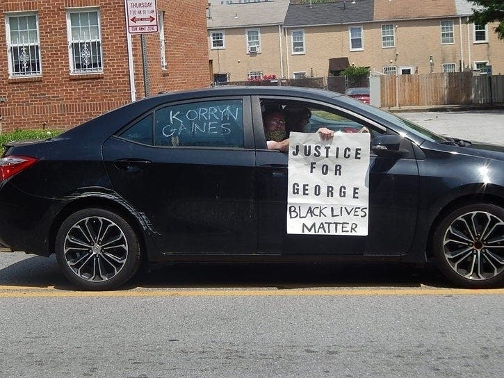 The name "Korryn Gaines" was featured in a car parade at the June 6 march in Baltimore against racism and police brutality following the death of George Floyd.