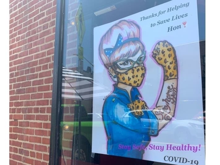 A sign outside an eatery in Canton promotes safety during the time of the COVID-19 pandemic.