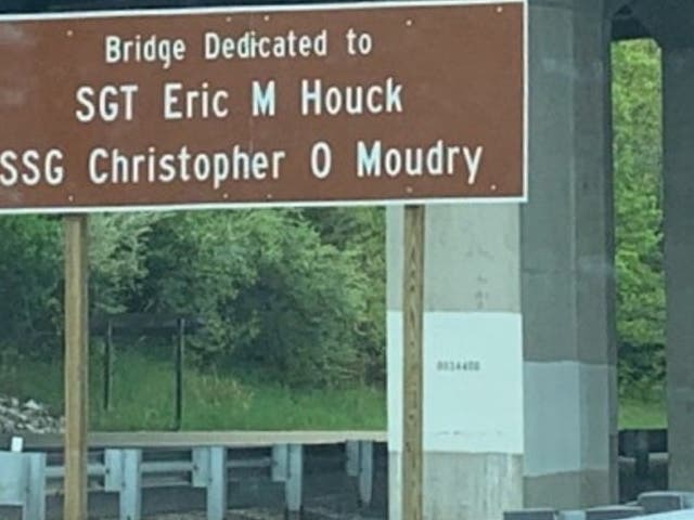 The Belair Road overpass at MD 43/White Marsh Boulevard bears tribute to the sacrifices of Sgt. Eric M. Houck and Staff Sgt. Christopher O. Moudry.