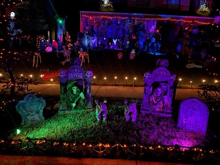 This spook-tacular yard in Silver Spring features creepy lights, tombstones, skeletons with glowing eyes and animatronics that jump out and scare passersby.