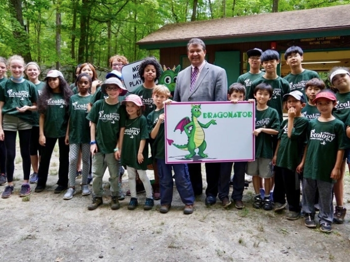 County Executive George Latimer with children at the Nature Camp at Cranberry Lake Preserve.