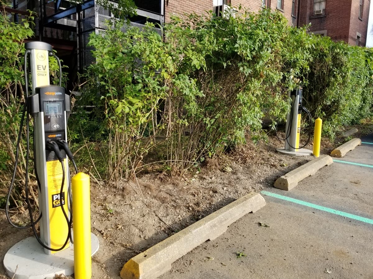Electric car charging stations at the Duro Municipal Parking Lot, 197 Main St., City of Poughkeepsie.