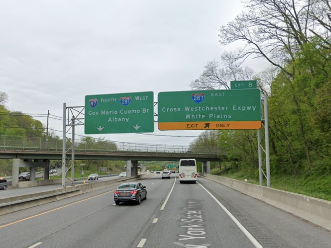 A sign leading to the Gov. Mario M. Cuomo Bridge on the NYS Thruway in Elmsford.