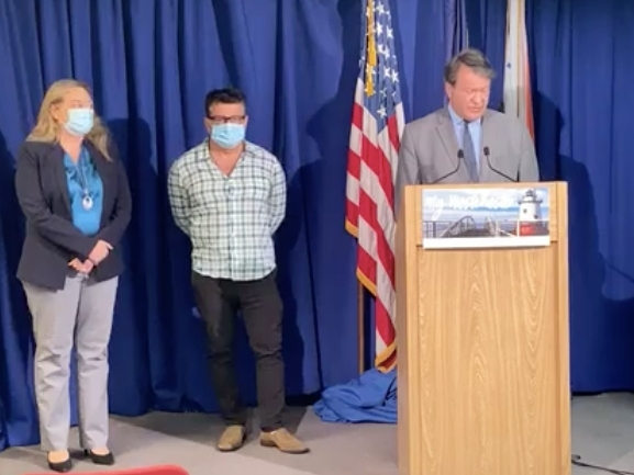 The reopening task force for the county was announced Monday. From left, County Legislator Catherine Parker, restaurateur Louis Lanza and Westchester County Executive George Latimer.