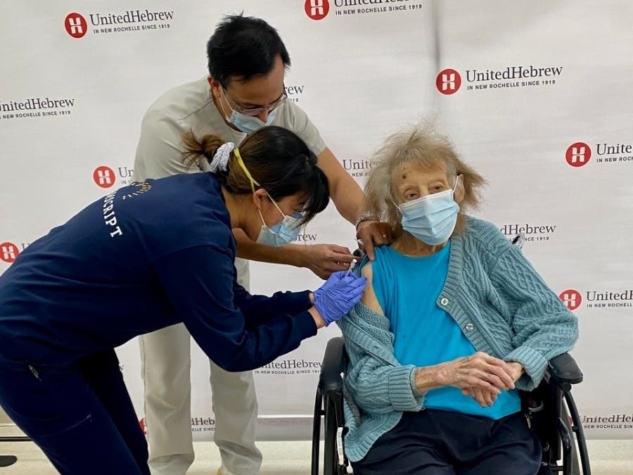 Mary Mignona, a 106-year-old resident of United Hebrew of New Rochelle, was among the first to receive her first dose of the Pfizer coronavirus vaccine.