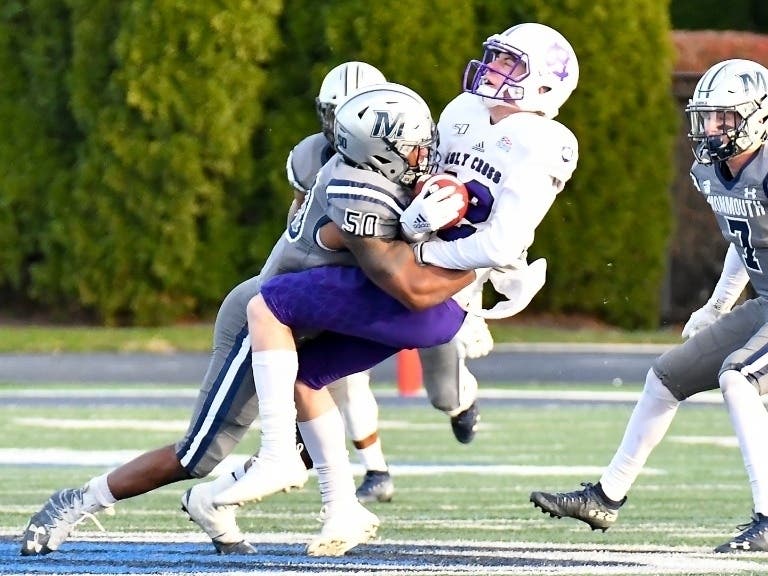 Monmouth linebacker Da'Quan Grimes lays some wood during 2019 FCS first-round playoff game agaisnt Holy Cross 