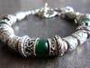 Beaded bracelet by Kate Gibney, etched silver and pewter with jade green semi precious agate stones, toggle clasp