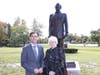 Mayor Noam Bramson with Mrs. Helen Doctorow in front of the new statue at Huguenot Park.