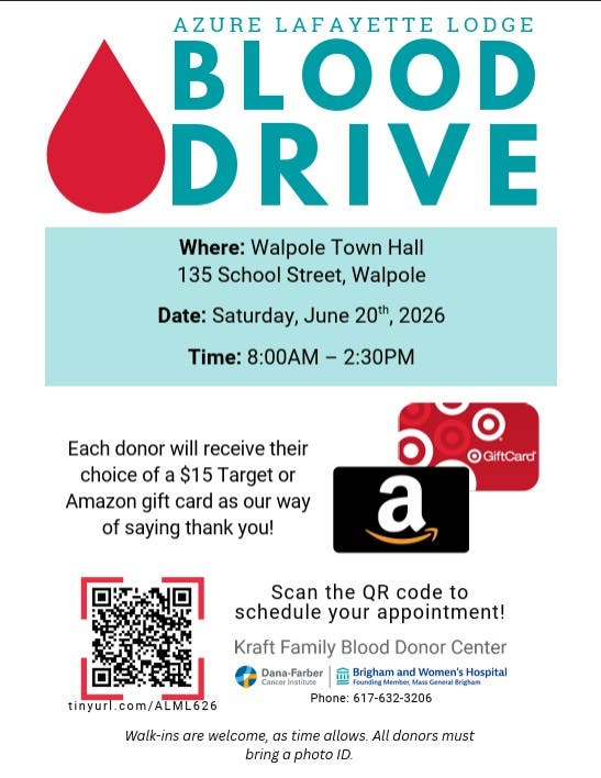 Community Blood Drive at Walpole Town Hall on June 20th – Appointments Open!