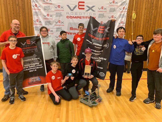 The iRaiders VEX robotics team from MVMMS celebrates its success at at the Southern New England Regionals.  