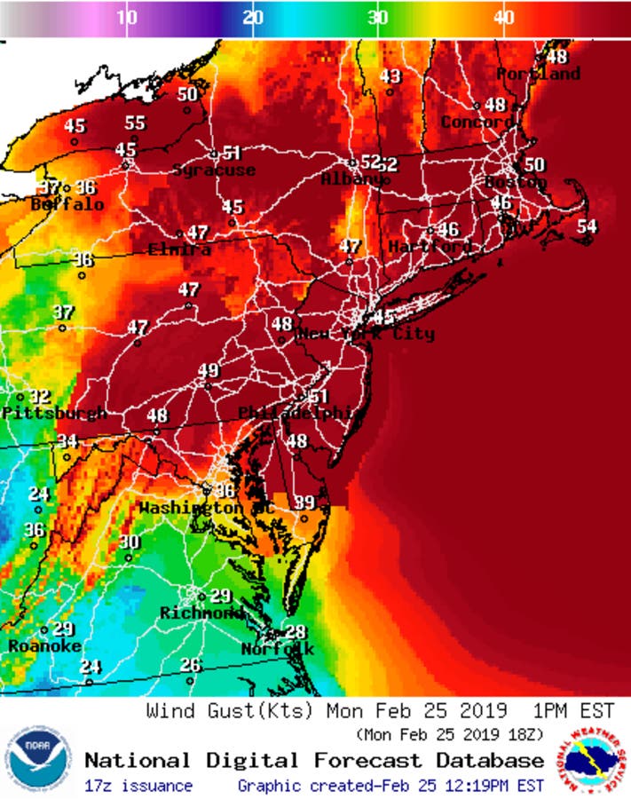 Wind gusts, 1 p.m. Feb. 25, 2019