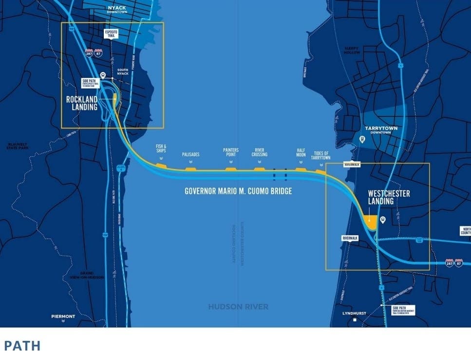 The 3.6 mile walking path over the Mario Cuomo Bridge will have room for vendors at its Rockland and Westchester Landings.