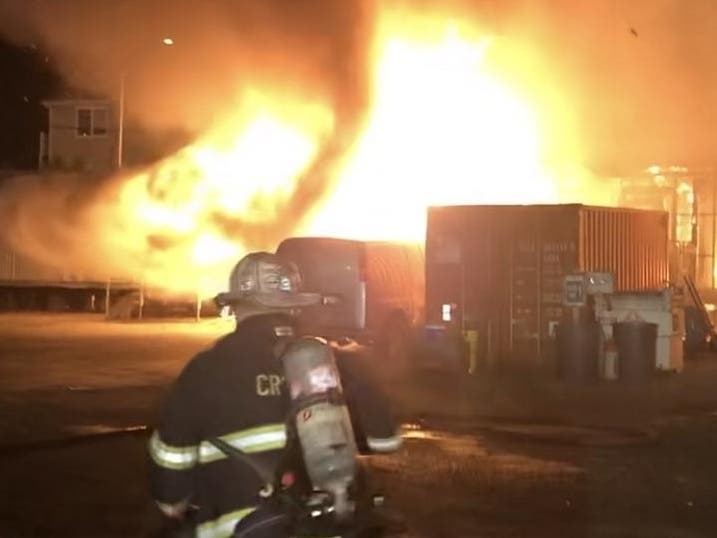 Trailers and storage containers owned by a contractor for Metro-North Railroad burned in an explosive fire Sunday.