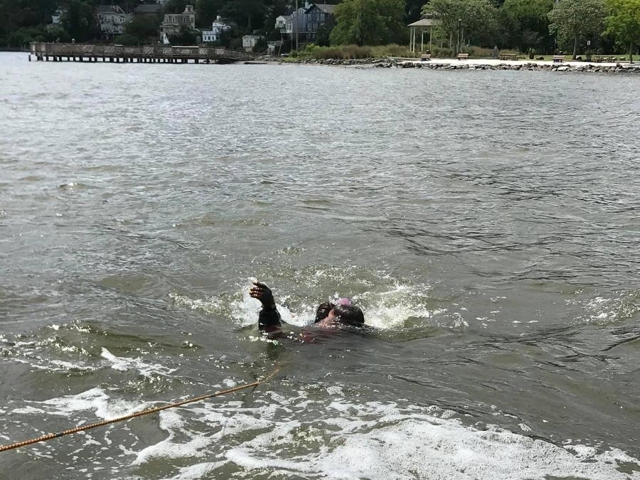 Piermont Fire Department's 13-Marine and divers were able to rescue an exhausted swimmer.