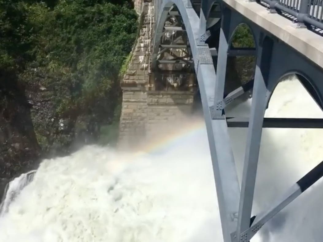 The Croton River (shown here over the spillway at the Croton Dam) is running so fiercely after post-hurricane Ida that village officials have closed three riverside parks.
