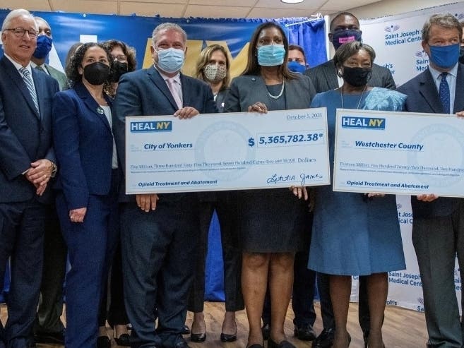 New York Attorney General Letitia James continued her statewide ‘HealNY’ tour of the state over settlements she negotiated with opioid manufacturers.