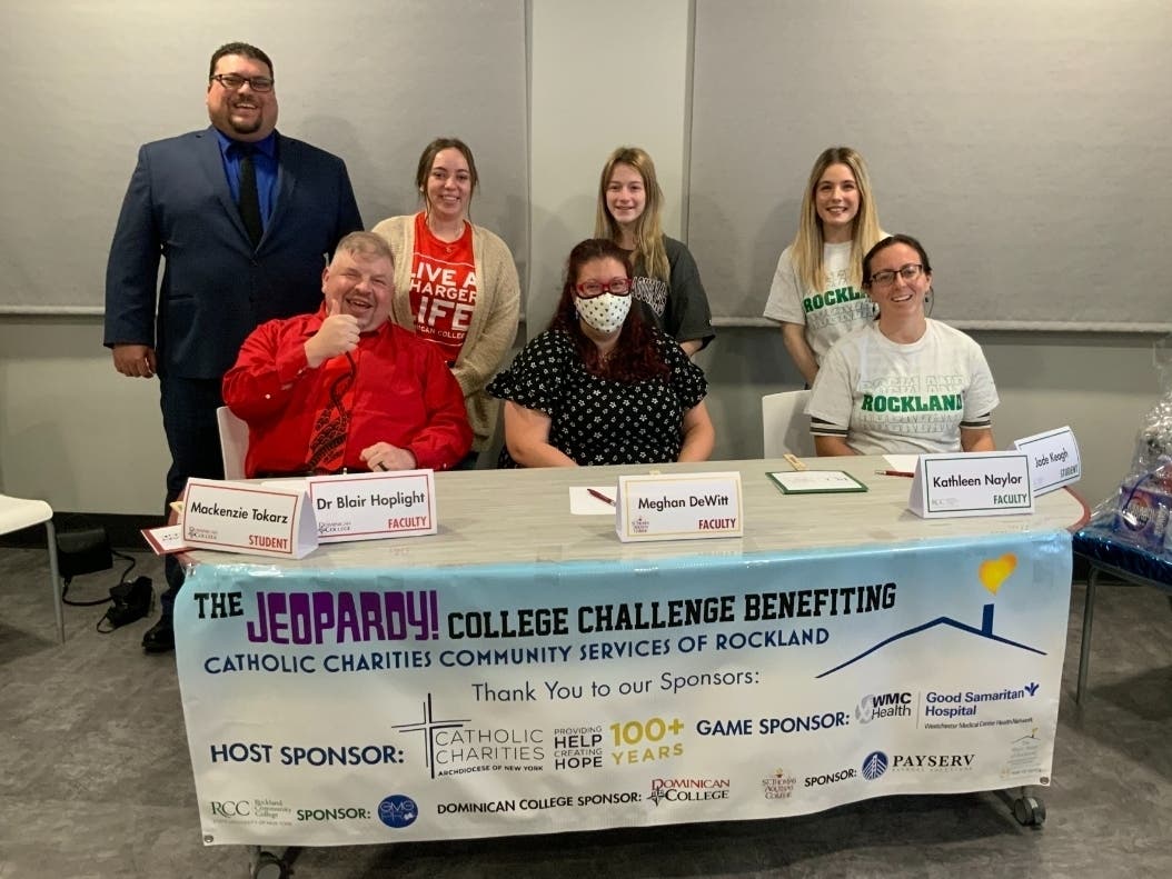 (Left to Right) Pasquale Palumbo, Host; Mackenzie Tokarz, Dominican College;  Samantha Larking, St. Thomas Aquinas College; Jade Keogh, Rockland Community College. Seated: Dr. Blair Hoplight, Dominican; Dr. Meghan DeWitt, StAq; Kathleen Naylor, RCC