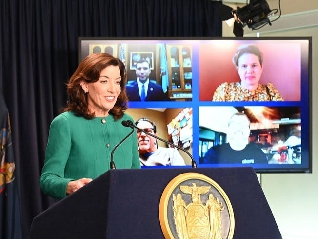 Gov. Kathy Hochul held a Covid-19 update in New York City Tuesday. During the briefing, she spoke virtually with Mayor Billy Barlow of Oswego and three business owners who have kept their doors open by allowing vaccinated and/or masked customers in.