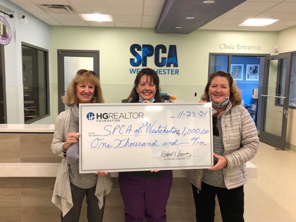 The Hudson Gateway Realtor Foundation presented a check to the SPCA of Westchester (from left)  Gail Fattizzi, HG Realtor Foundation;  Lisa Bonanno-Spence, SPCA Director of Development: Kathy Kane, HG Realtor Foundation