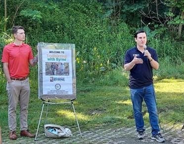 In this file photo, Assemblyman Kevin Byrne takes questions from constituents at one of his annual "Trailblazing" walk-and-talk events. 